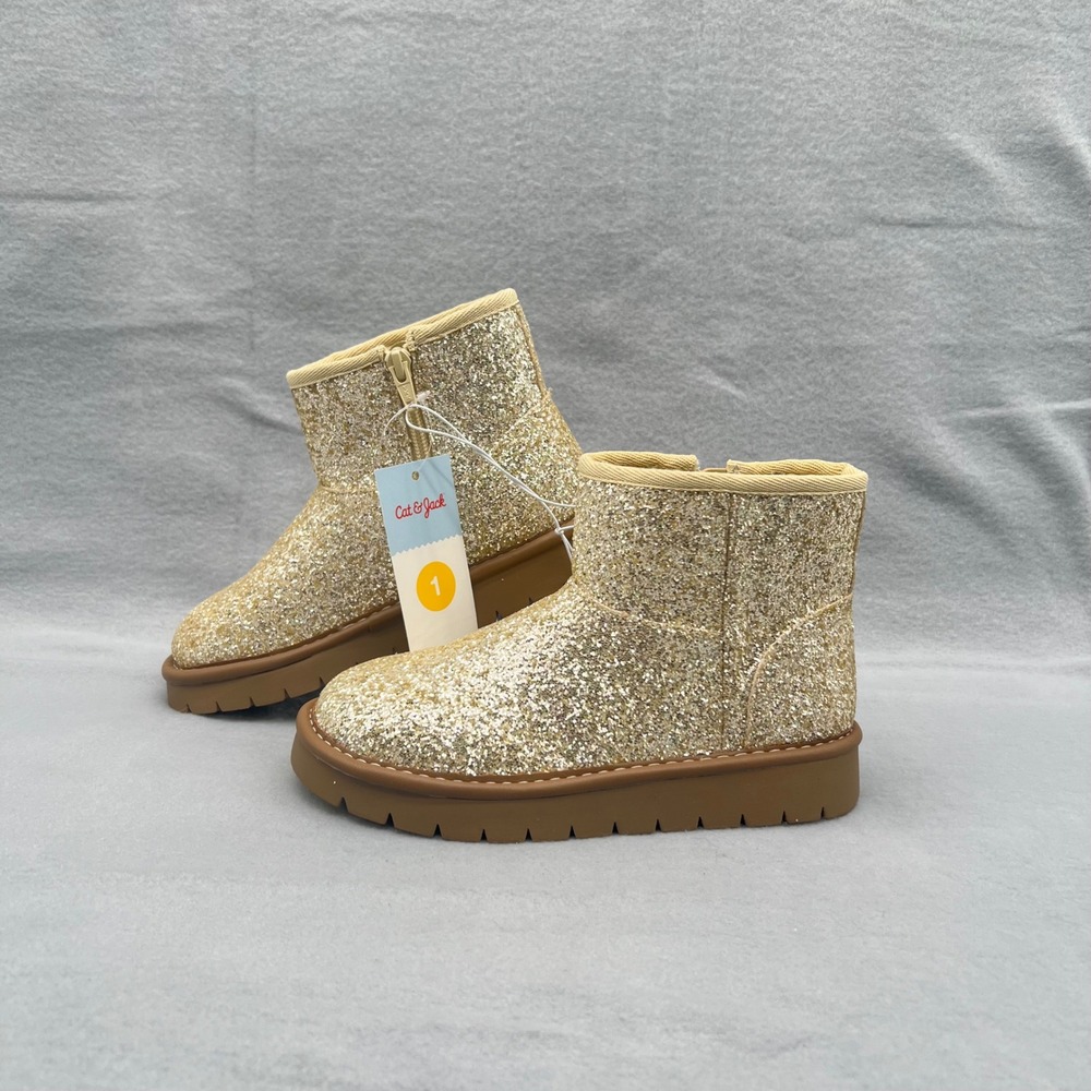 Cat & Jack Kids Gold Glitter Honor Ankle Boots Faux Fur Lined Size 1